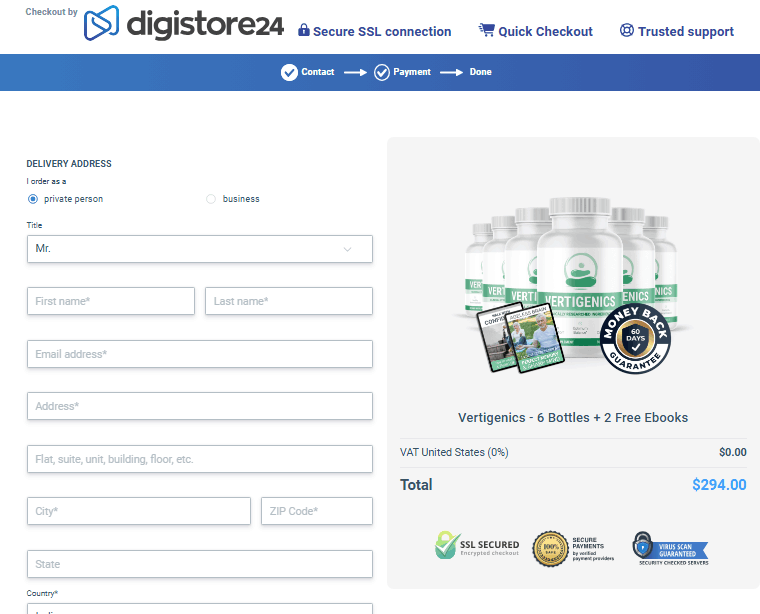 Vertigenics Secure Checkout page